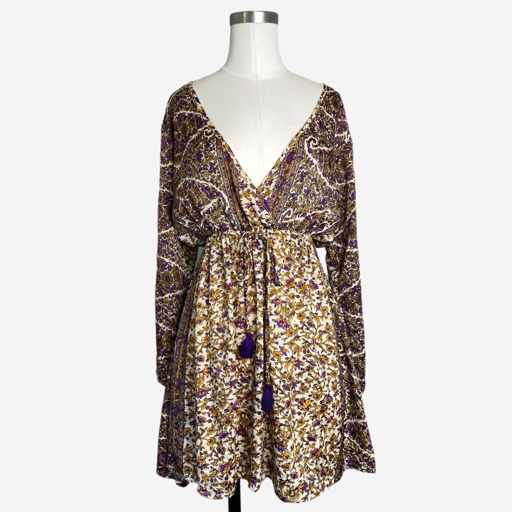 Raga purple yellow paisley floral tassel mini dress fall boho western hippie S